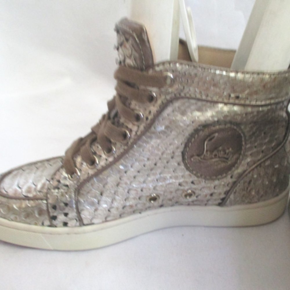 Christian Louboutin Silver Metallic Snakeskin High-Top Sneakers - Picture 3 of 9